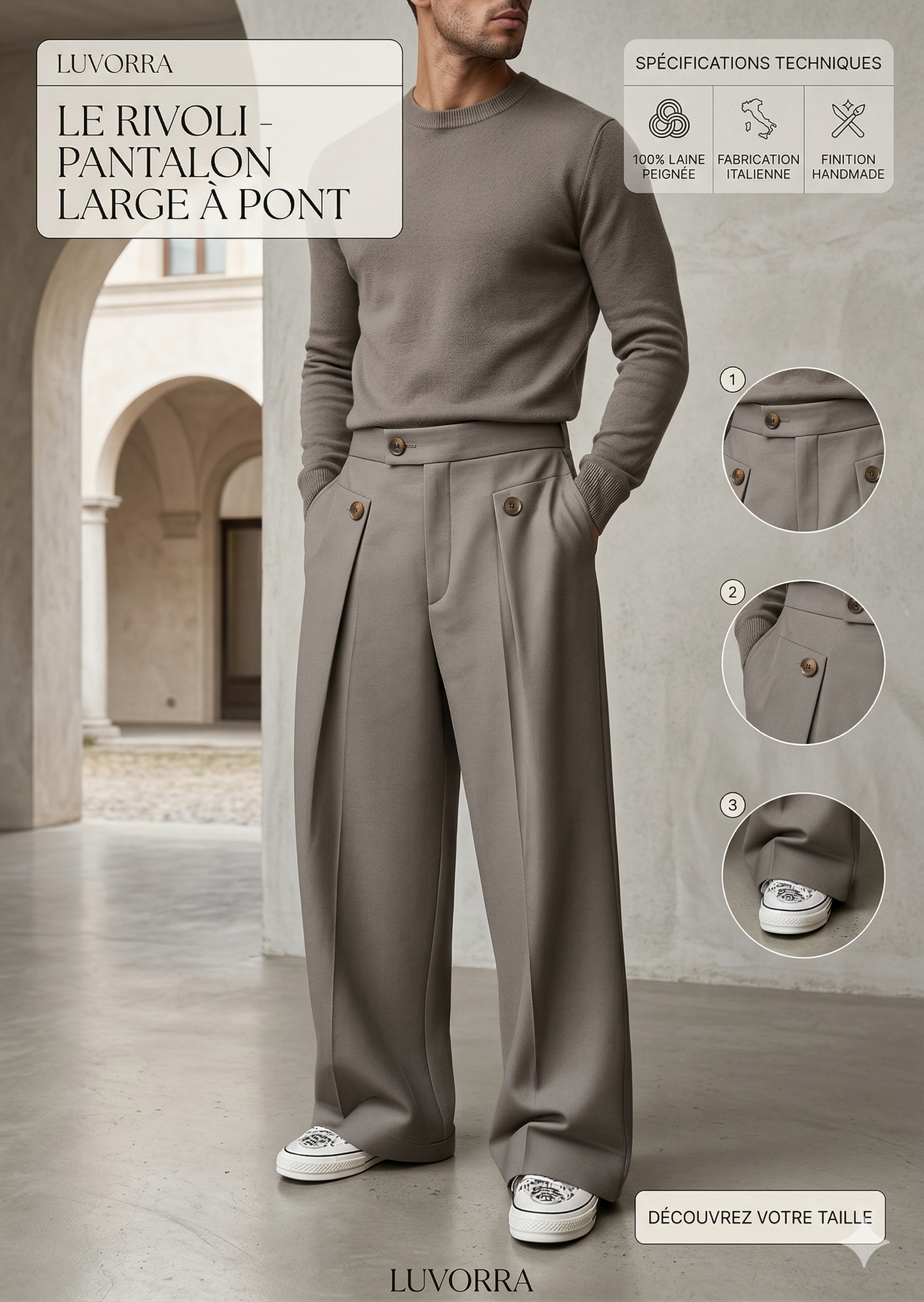 Le Rivoli : Pantalon Large à Pont en Drap de Laine Gris Cendré