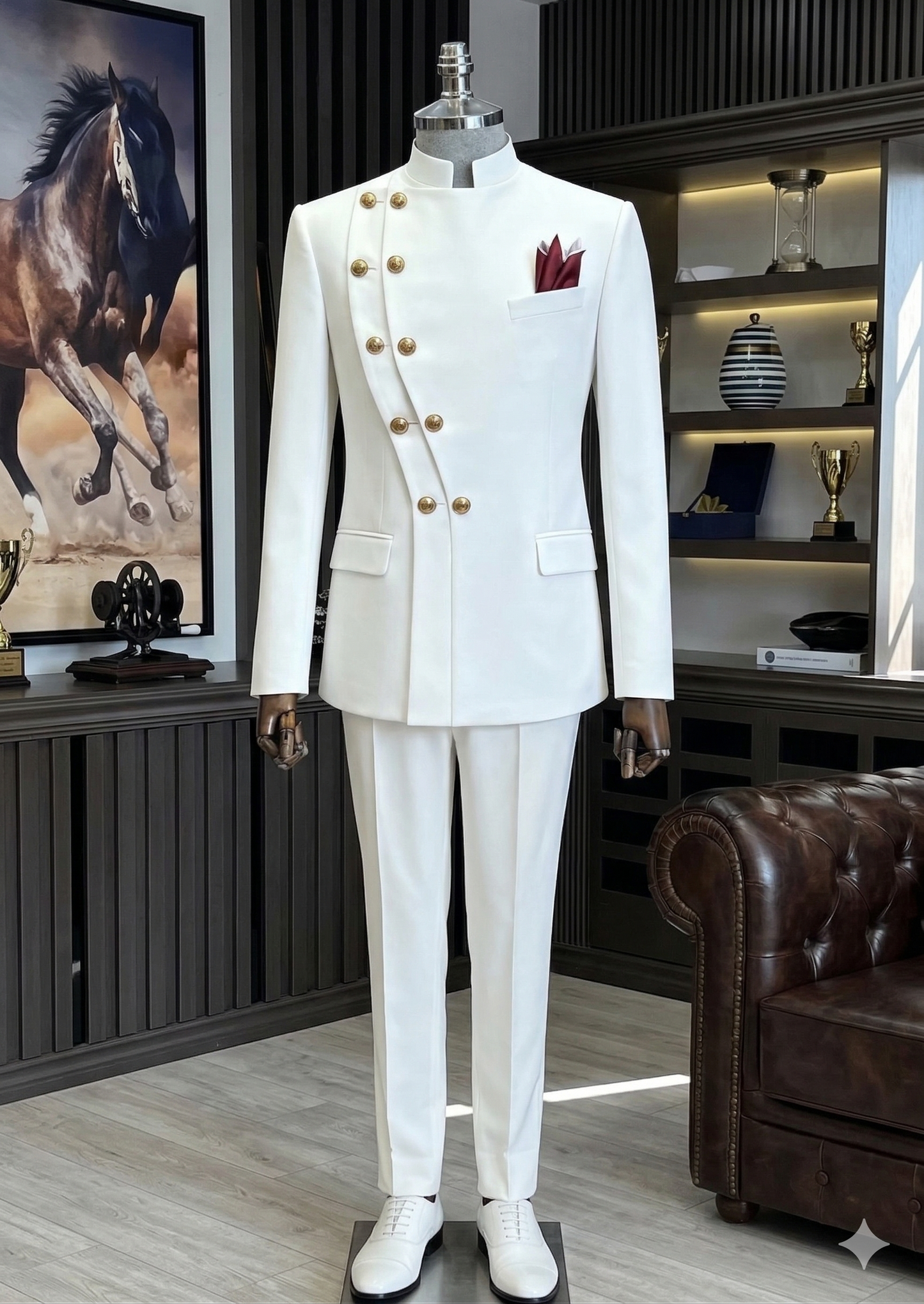 Le Prestige Impérial : Costume de Gala Asymétrique à Col Mandarin Blanc Albâtre
