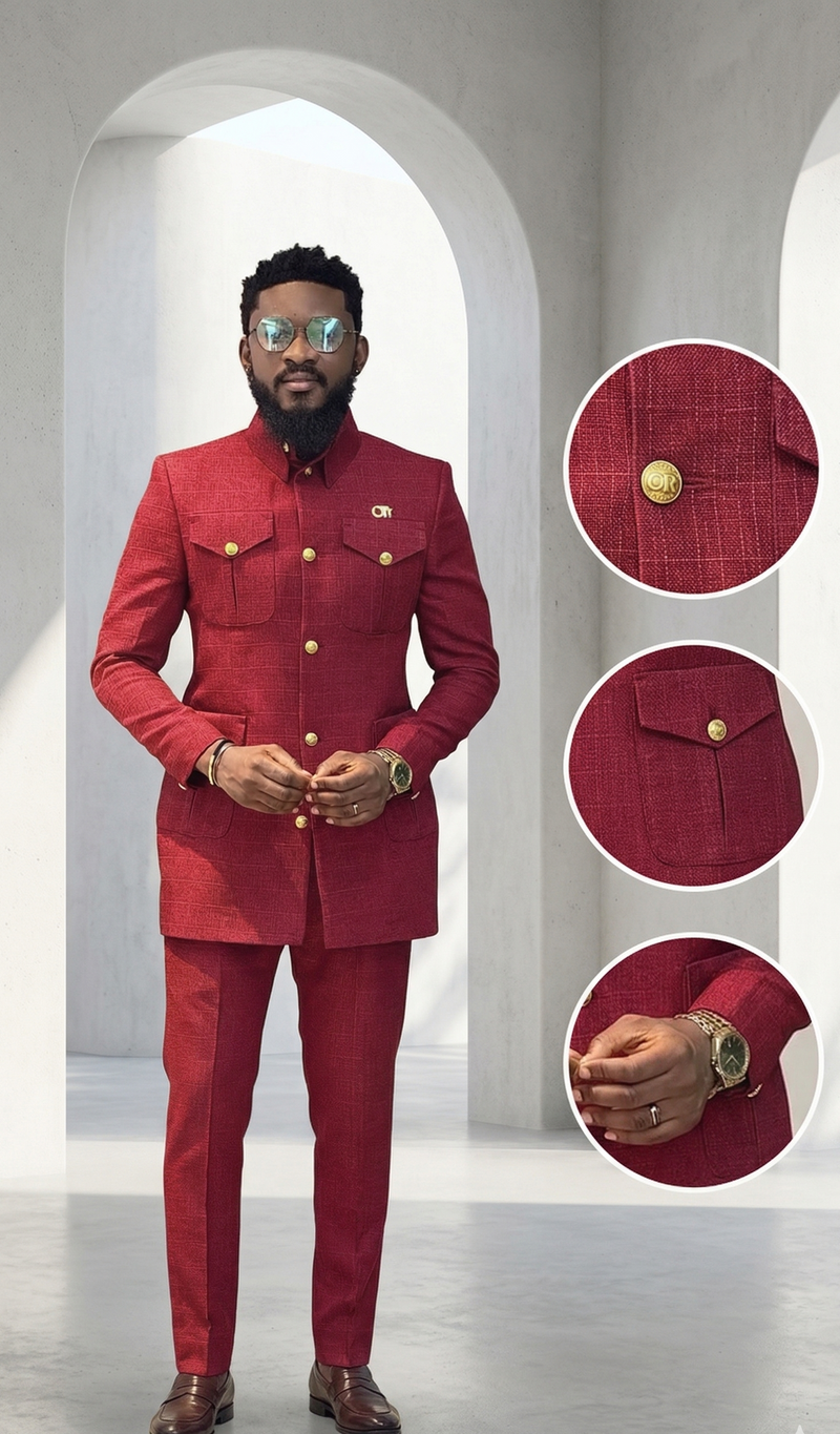 Le Sultan Écarlate : Costume Safari Moderne en Coton Giclé Rouge Rubis