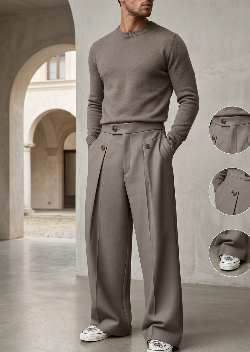 Le Rivoli : Pantalon Large à Pont en Drap de Laine Gris Cendré