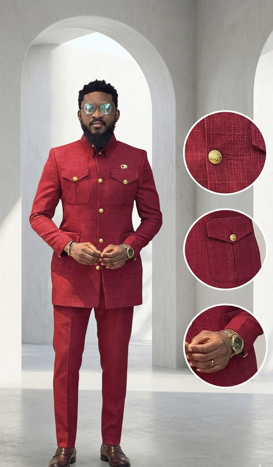 Le Sultan Écarlate : Costume Safari Moderne en Coton Giclé Rouge Rubis